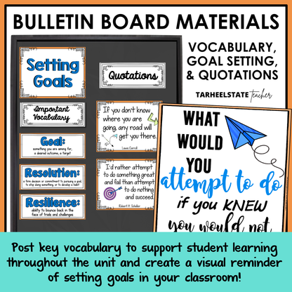 Bulletin board materials with vocabulary, inspirational quotes, and posters.