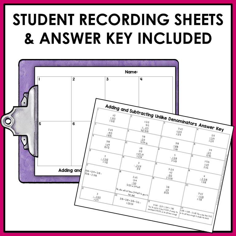 Add and Subtract Fractions with Unlike Denominators Word Problems Task Cards