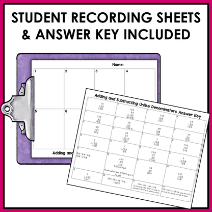 Add and Subtract Fractions with Unlike Denominators Word Problems Task Cards