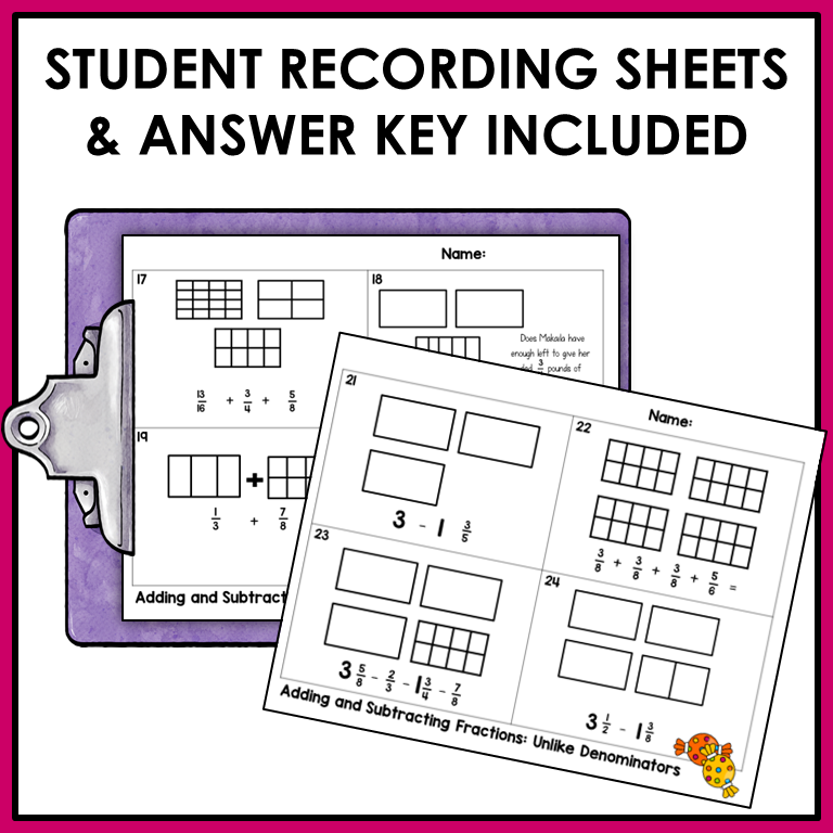 Add and Subtract Fractions with Unlike Denominators Word Problems Task Cards