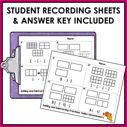 Add and Subtract Fractions with Unlike Denominators Word Problems Task Cards