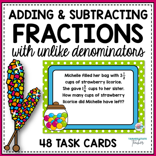 Educational material for adding and subtracting fractions with unlike denominators
