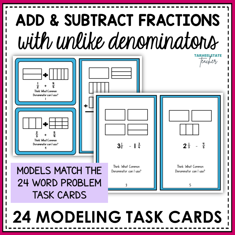 Add and Subtract Fractions with Unlike Denominators Word Problems Task Cards