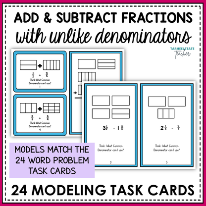 Add and Subtract Fractions with Unlike Denominators Word Problems Task Cards
