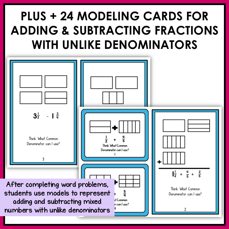 Add and Subtract Fractions with Unlike Denominators Word Problems Task Cards