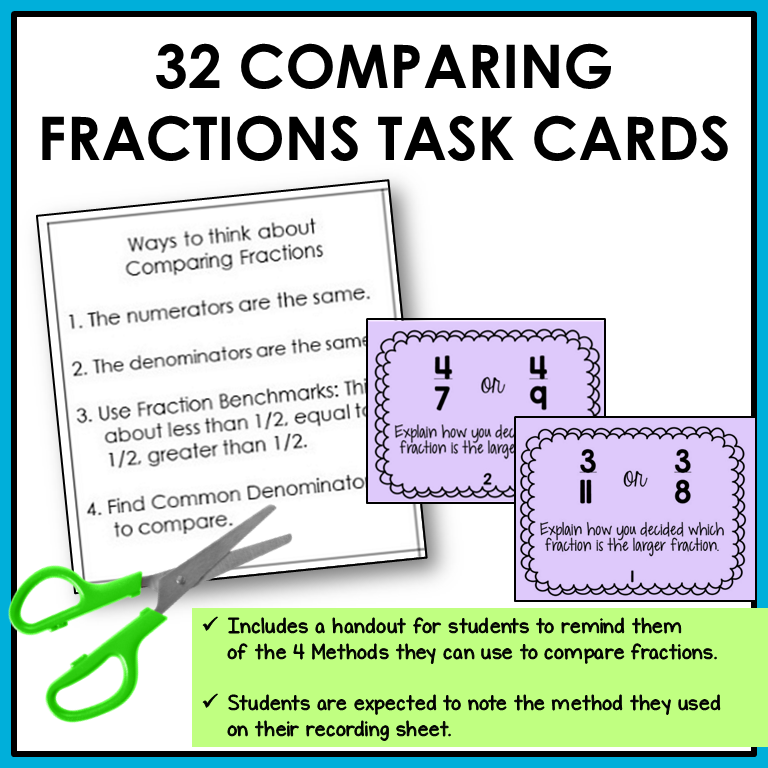 Comparing and Ordering Fractions Task Cards Activities or Math Centers