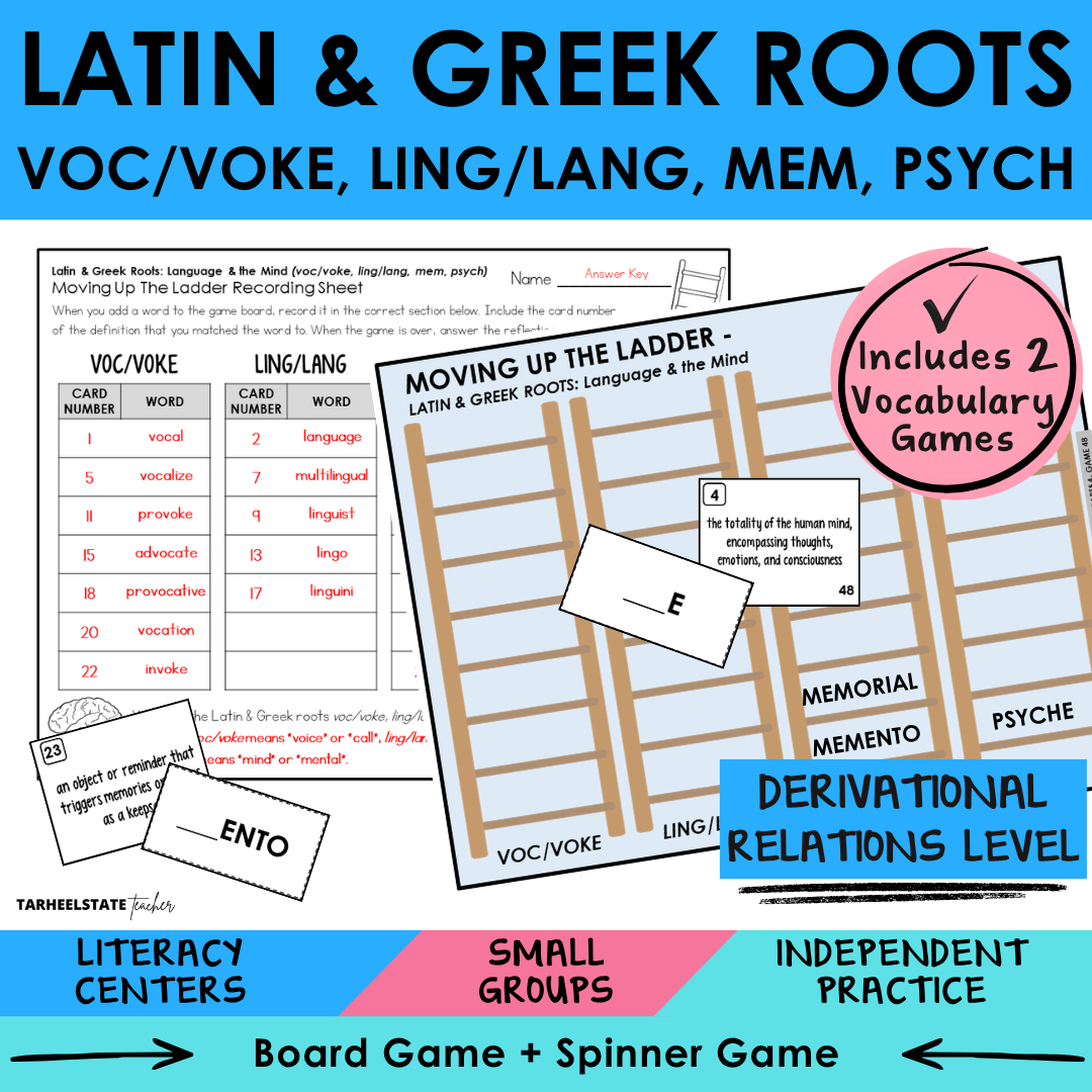 Engaging morphology games and vocabulary activities covering Latin and Greek word parts VOC/VOKE, LING/LANG, MEM, and PSYCH in the Derivational Relations Spellers stage.
