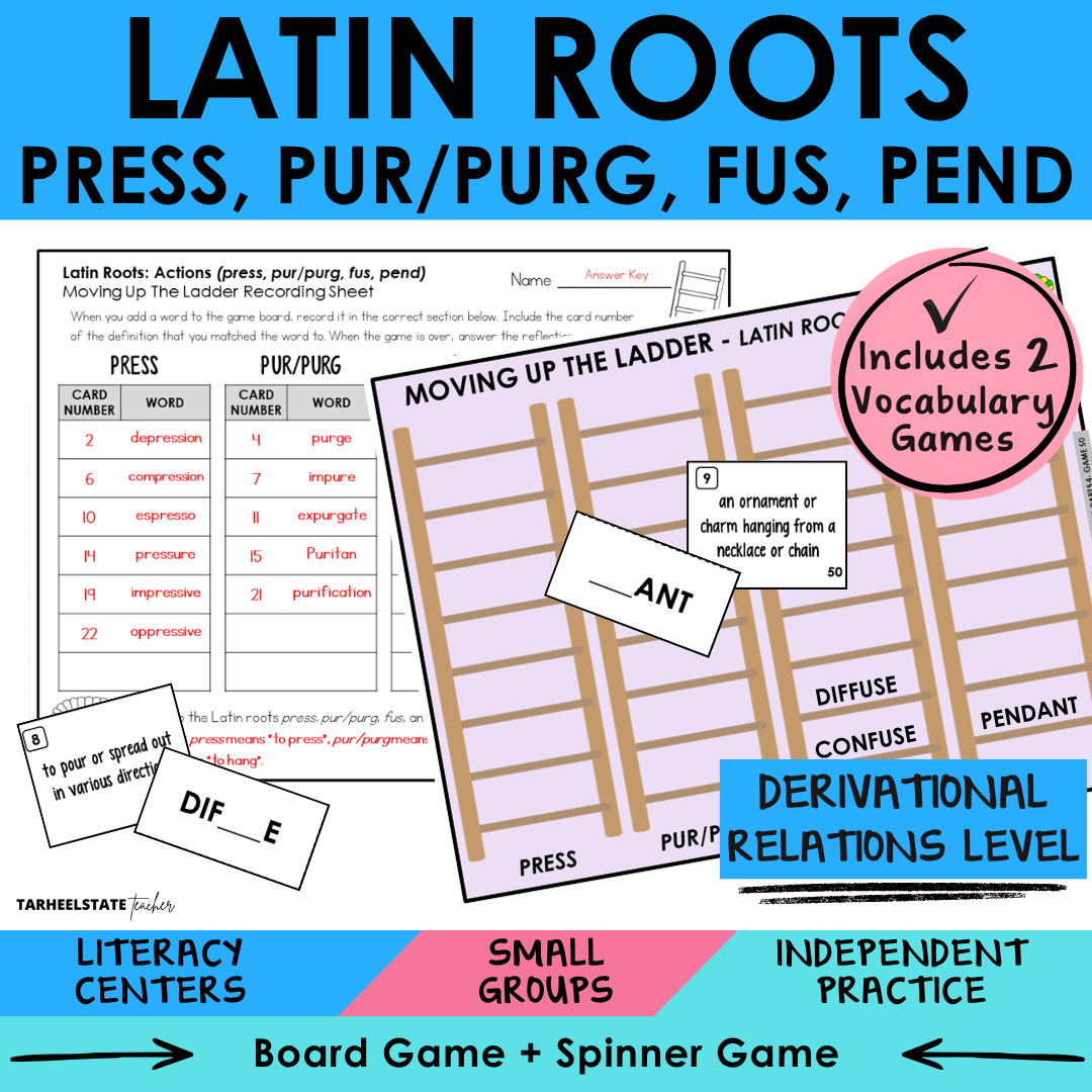 Engaging morphology games and vocabulary activities covering Latin and Greek word parts PRESS, PUR/PURG, FUS, and PEND in the Derivational Relations Spellers stage.