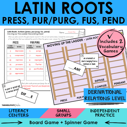 Engaging morphology games and vocabulary activities covering Latin and Greek word parts PRESS, PUR/PURG, FUS, and PEND in the Derivational Relations Spellers stage.