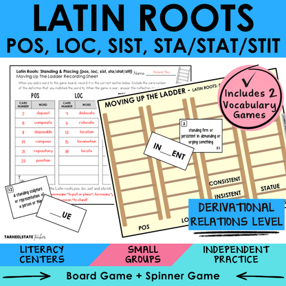 Engaging morphology games and vocabulary activities covering Latin and Greek word parts POS, LOC, SIST, STA/STAT/STIT in the Derivational Relations Spellers stage.
