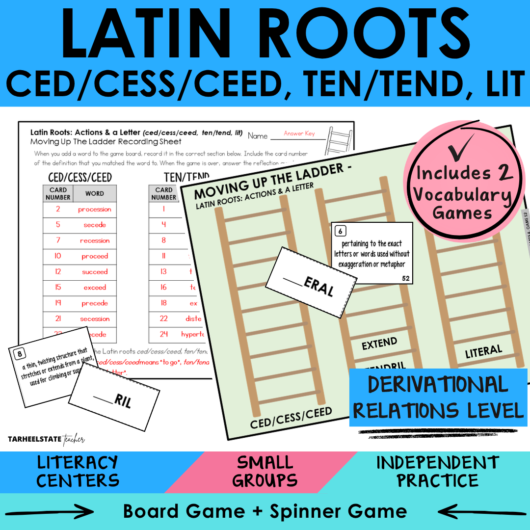 Engaging morphology games and vocabulary activities covering Latin and Greek word parts CED/CESS/CEED, TEN/TEND, and LIT in the Derivational Relations Spellers stage.