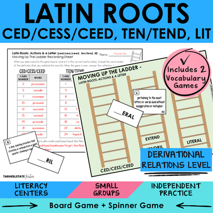 Engaging morphology games and vocabulary activities covering Latin and Greek word parts CED/CESS/CEED, TEN/TEND, and LIT in the Derivational Relations Spellers stage.
