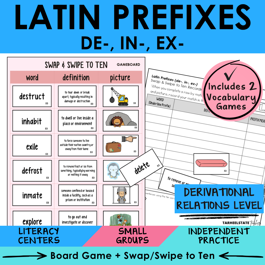 Engaging morphology games and vocabulary activities covering Latin and Greek word parts DE, IN, and EX in the Derivational Relations Spellers stage.