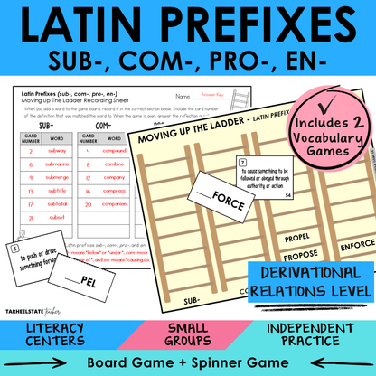 Engaging morphology games and vocabulary activities covering Latin and Greek word parts SUB, COM, PRO, and EN in the Derivational Relations Spellers stage.