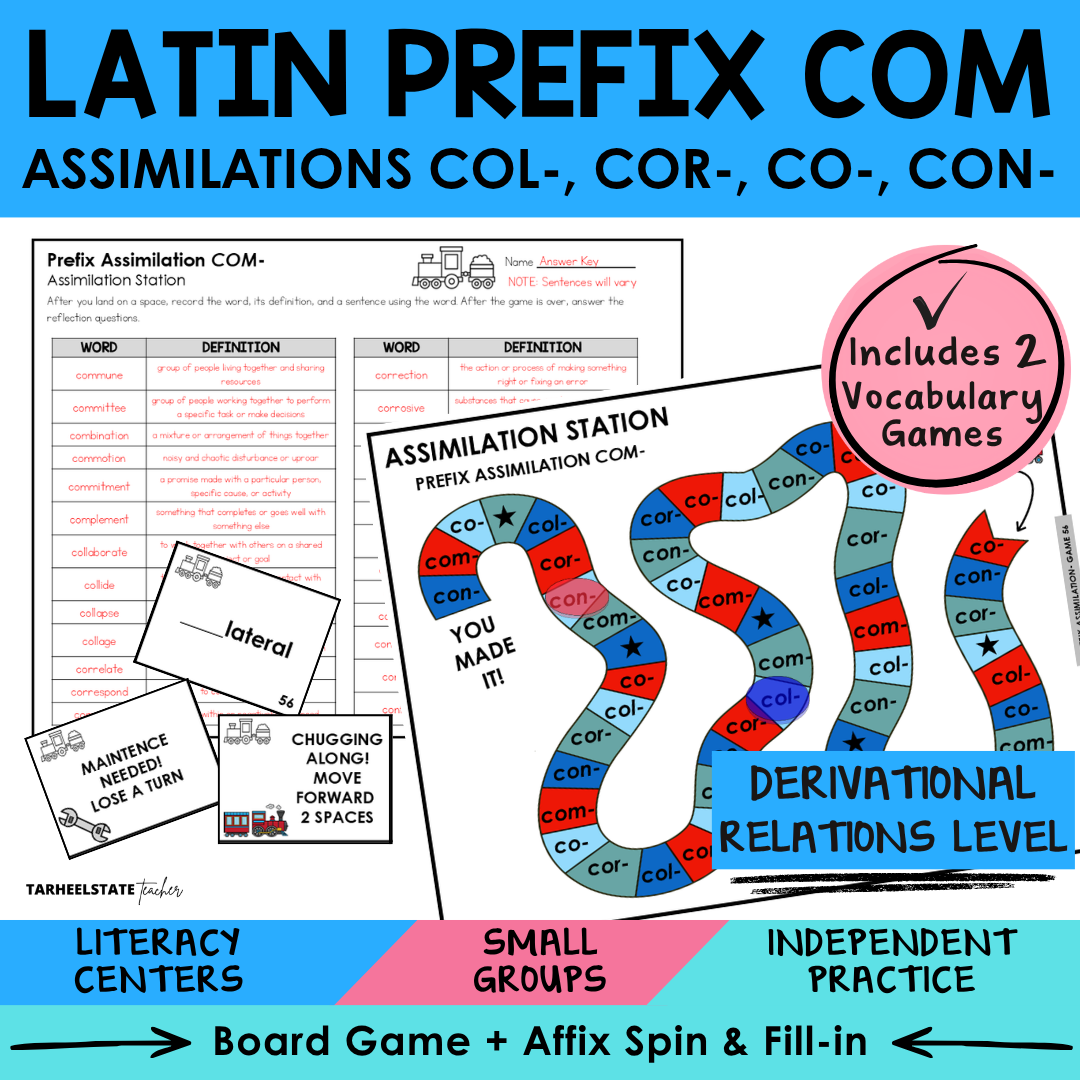 Engaging morphology games and spelling activities for teaching the Latin prefix COM and assimilations in the Derivational Relations stage