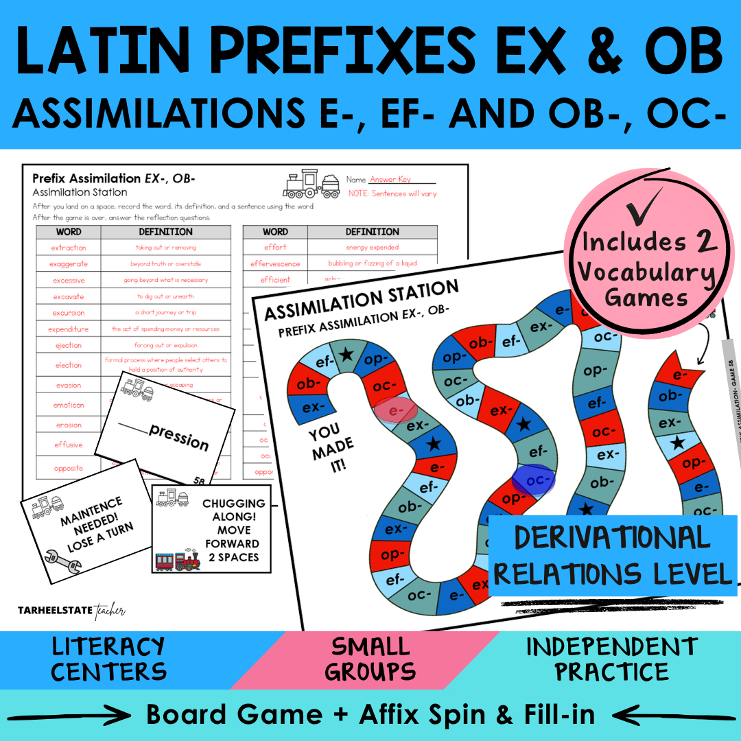 Engaging morphology games and spelling activities for teaching the Latin prefixes EX & OB and assimilations in the Derivational Relations stage