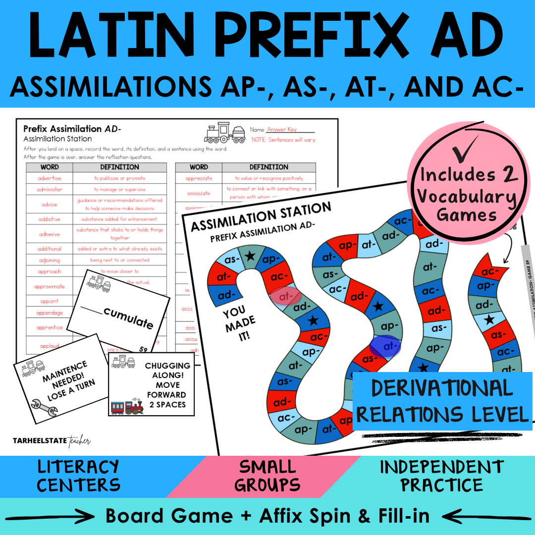Engaging morphology games and spelling activities for teaching the Latin prefix AD and assimilations in the Derivational Relations stage