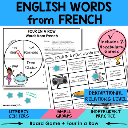 Engaging morphology games and vocabulary activities covering English words from French in the Derivational Relations Spellers stage.