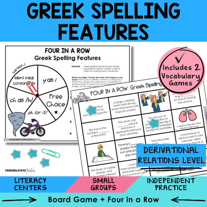 Engaging morphology games and vocabulary activities covering Greek Spelling Features in the Derivational Relations Spellers stage.