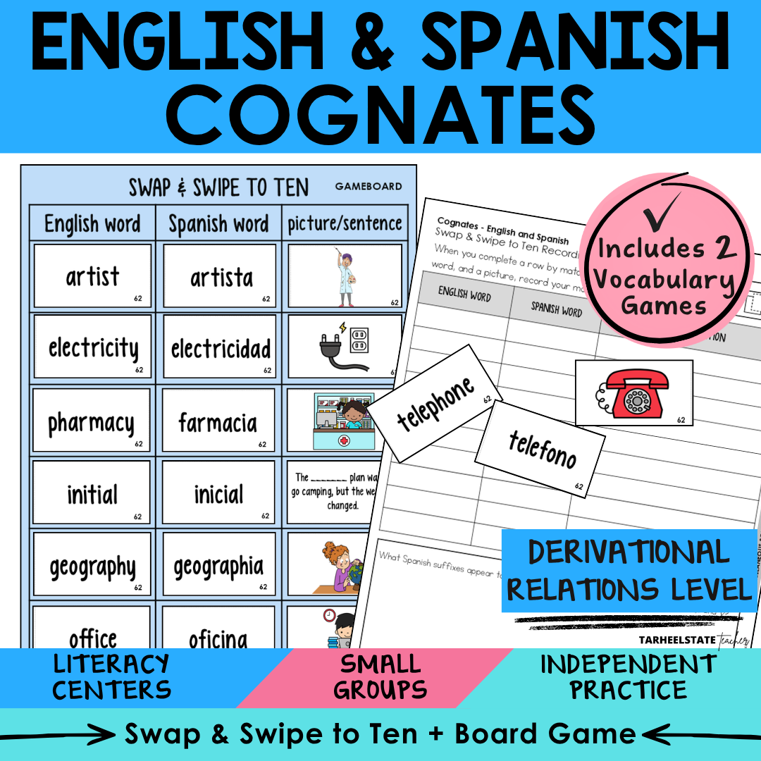 Engaging morphology games and vocabulary activities covering English and Spanish Cognates in the Derivational Relations Spellers stage.