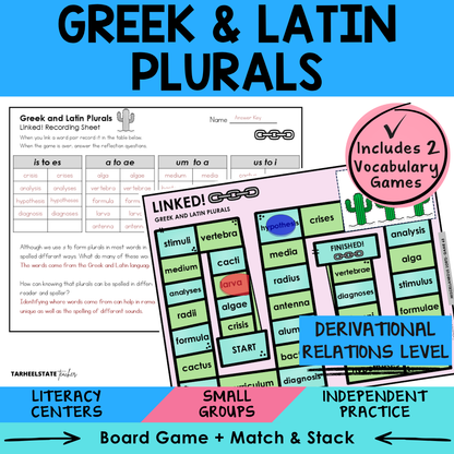 Engaging morphology games and vocabulary activities covering Greek and Latin Plurals in the Derivational Relations Spellers stage.
