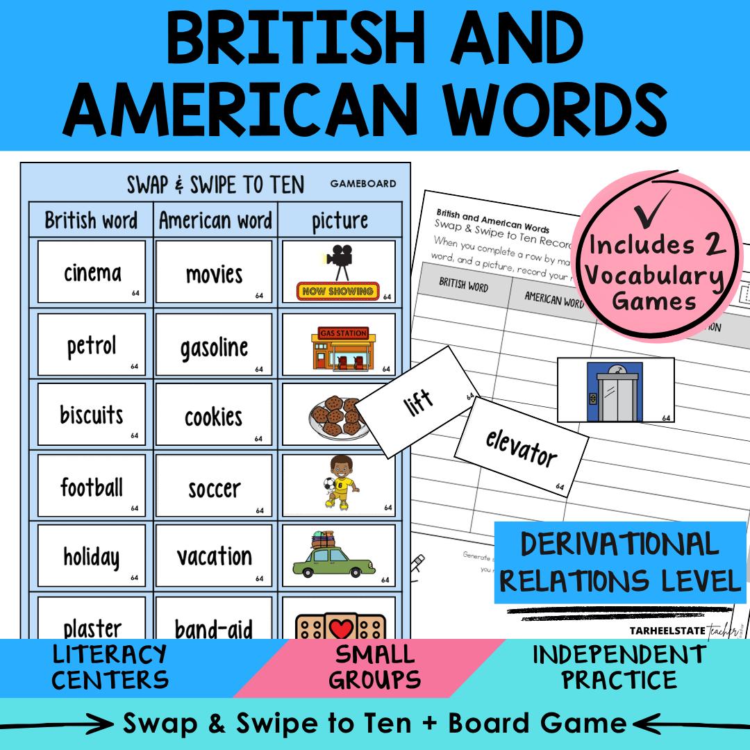 Engaging morphology games and vocabulary activities covering British and American Words in the Derivational Relations Spellers stage.