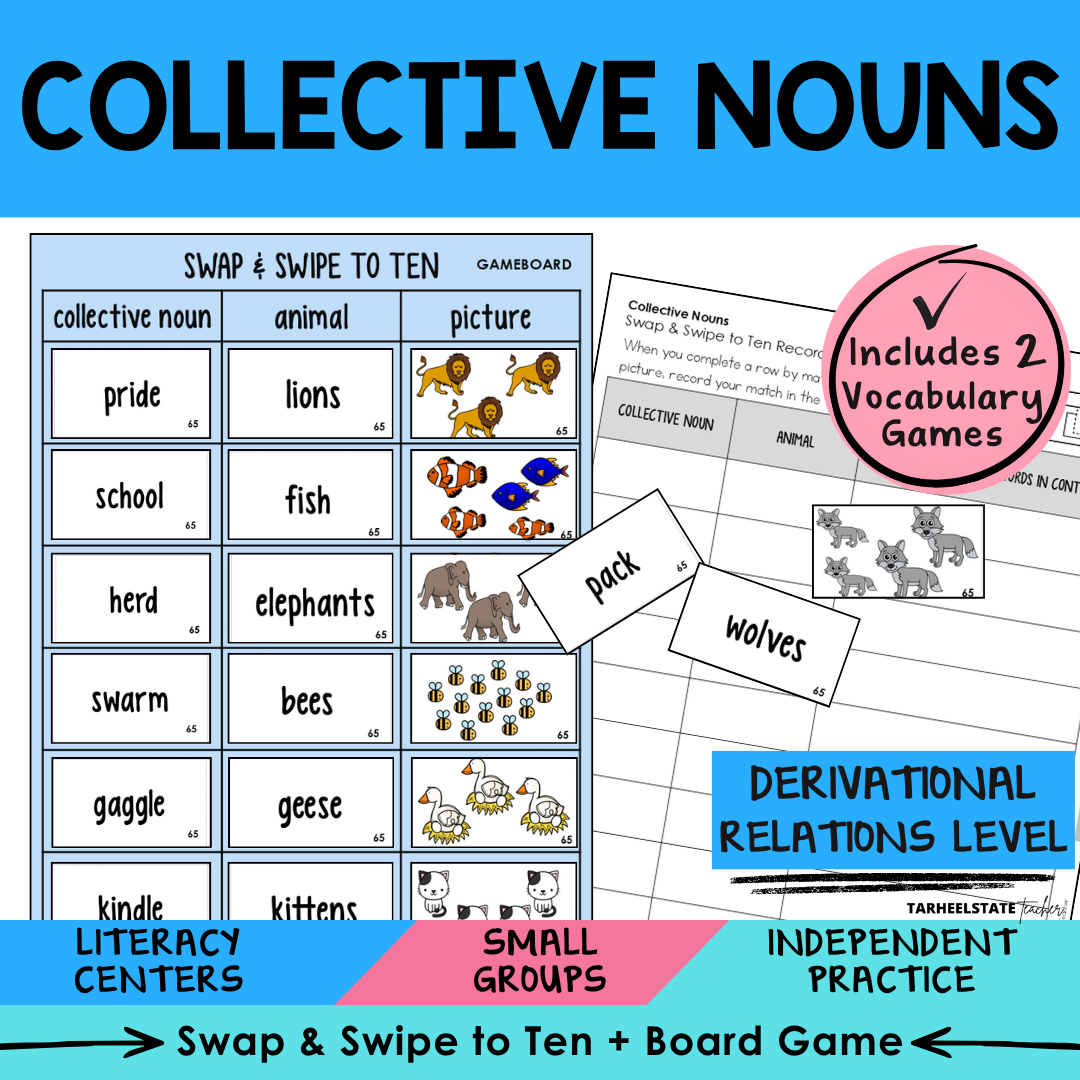 Engaging morphology games and vocabulary activities covering Collective Nouns in the Derivational Relations Spellers stage.