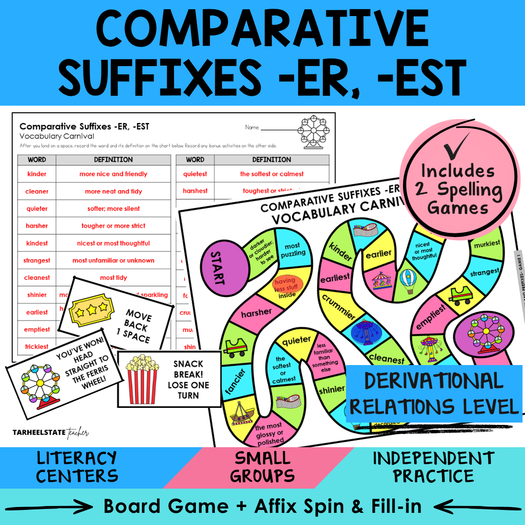 Engaging spelling games and activities for teaching comparative suffixes -er and -est, including a board game and vocabulary cards.