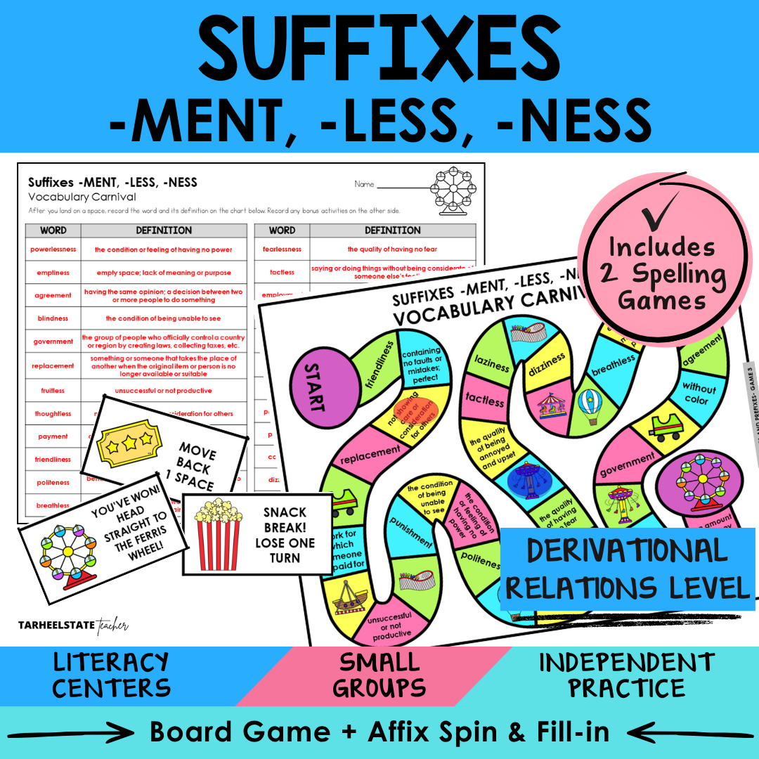 Educational materials for suffixes -ment, -less, -ness with a board game and spelling games.