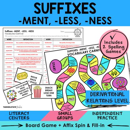 Educational materials for suffixes -ment, -less, -ness with a board game and spelling games.