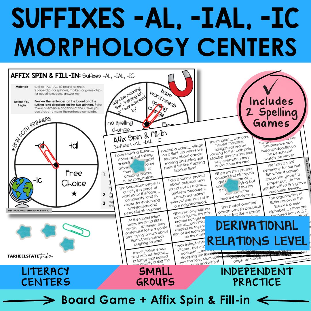 Morphology games and activities for teaching suffixes -AL, -IAL, and -IC in the Derivational Relations stage