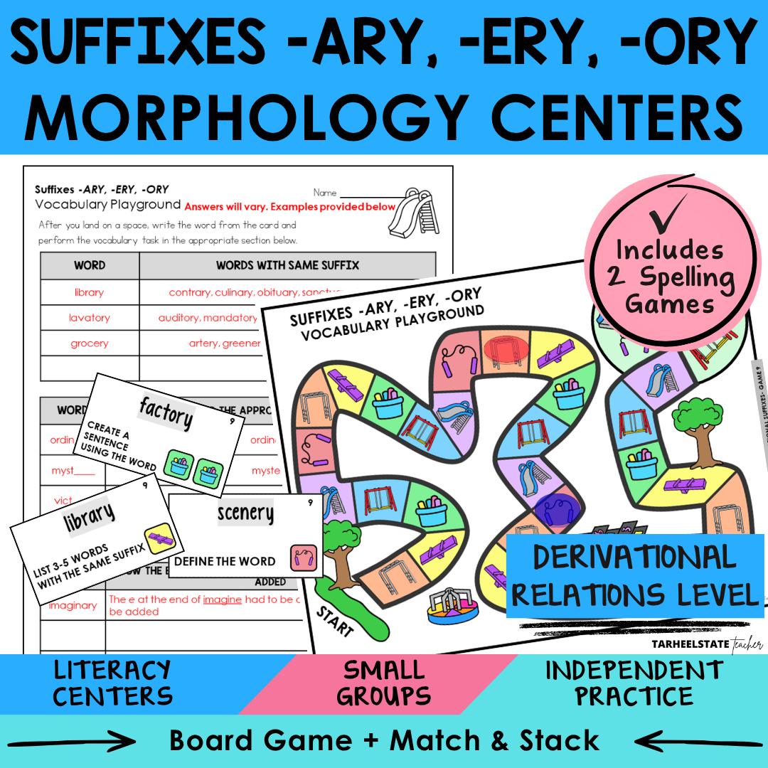 Morphology games and activities for teaching suffixes -ARY, -ERY, and -ORY in the Derivational Relations stage