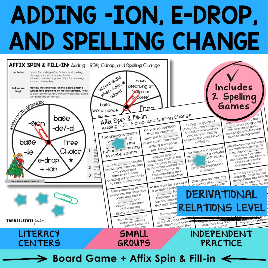 Educational materials for teaching spelling with suffix -ION including e-drop and spelling change rules