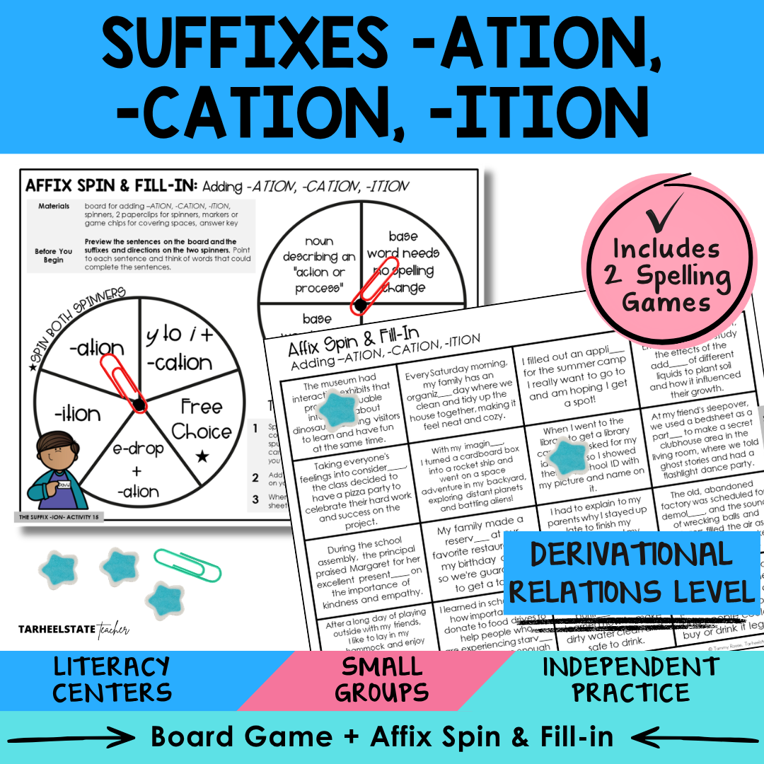 Educational materials for suffixes -ation, -cation, -ition with morphology activities and games
