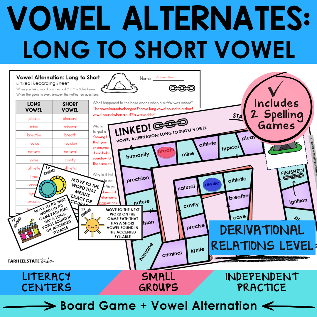 Spelling materials and morphology games for teaching long to short vowel alternations in the Derivational Relations stage