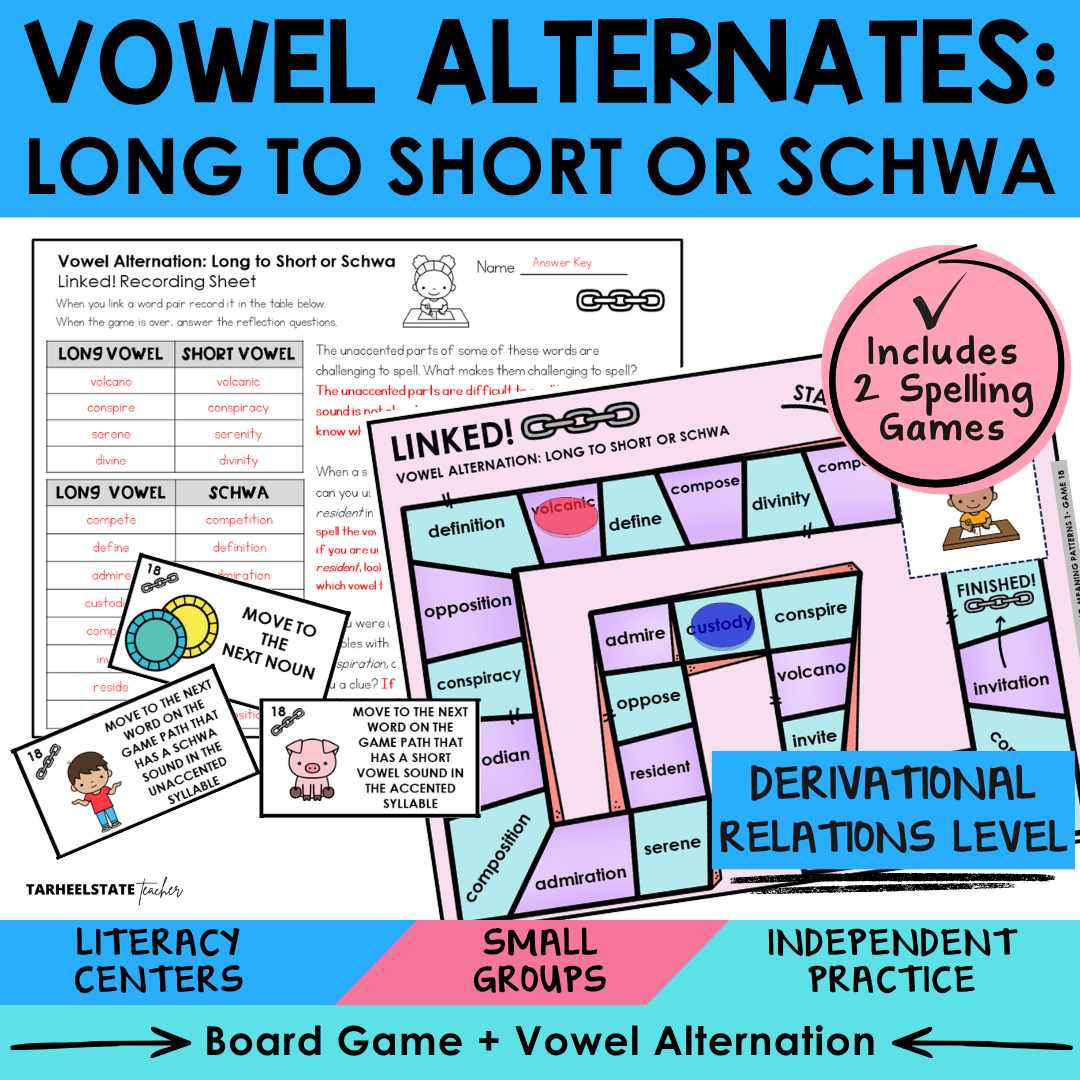 Spelling materials and morphology games for teaching long to short or long to schwa vowel alternations in the Derivational Relations stage