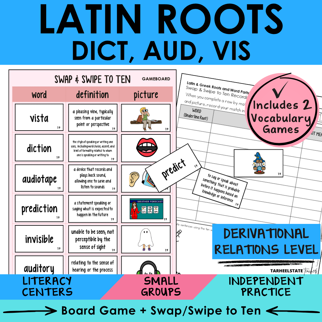 Morphology activities and spelling games for Latin roots DICT, AUD, and VIS. Aligned to Derivational Relations stage in Words Their Way