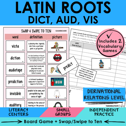 Morphology activities and spelling games for Latin roots DICT, AUD, and VIS. Aligned to Derivational Relations stage in Words Their Way