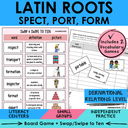 Morphology activities and spelling games for Latin roots SPECT, PORT and FORM. Aligned to Derivational Relations stage in Words Their Way
