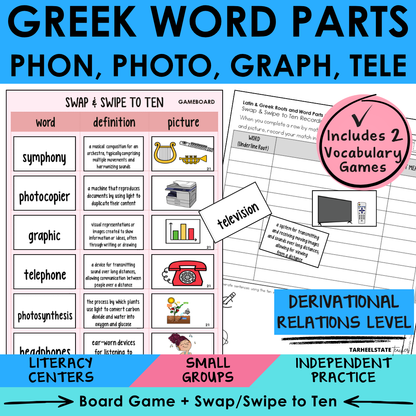 Morphology activities and spelling games for Greek word parts PHON, PHOTO, GRAPH, and TELE. Aligned to Derivational Relations stage in Words Their Way