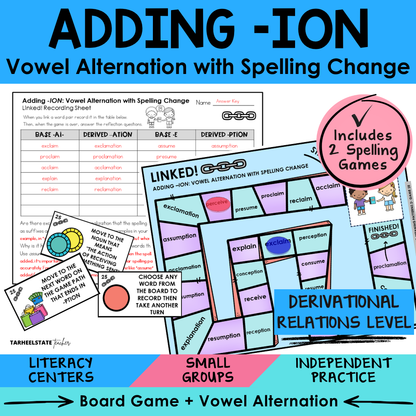 Educational materials for teaching adding -ion with vowel alternation and spelling change, including a board game and worksheets.