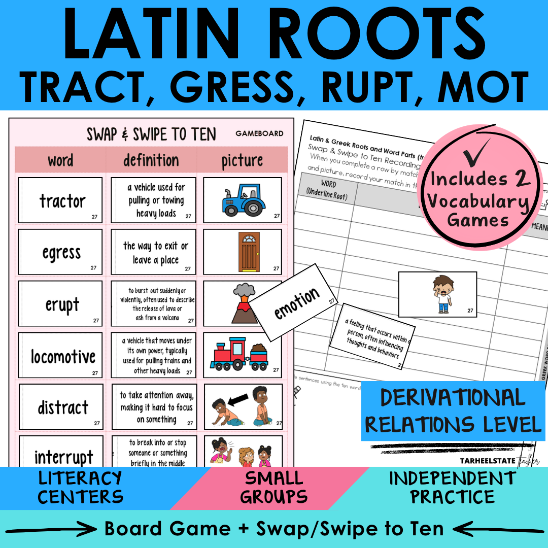 Morphology activities and spelling games for Latin roots TRACT, GRESS, RUPT, and MOT. Aligned to Derivational Relations stage in Words Their Way