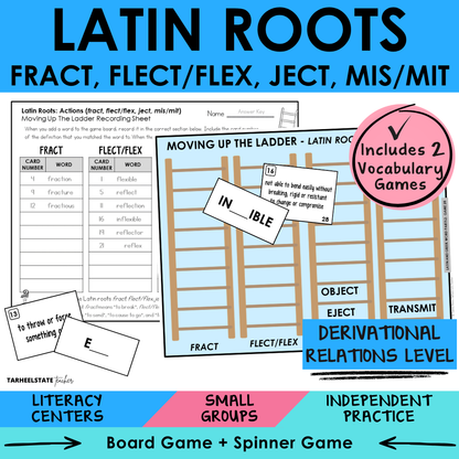 Morphology activities and spelling games for Latin roots FRACT, FLECT/FLEX, JECT, and MIS/MIT. Aligned to Derivational Relations stage in Words Their Way