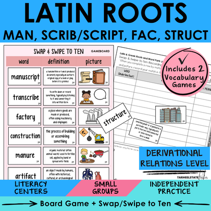 Morphology activities and spelling games for Latin roots MAN, SCRIB/SCRIPT, FAC, and STRUCT. Aligned to Derivational Relations stage in Words Their Way