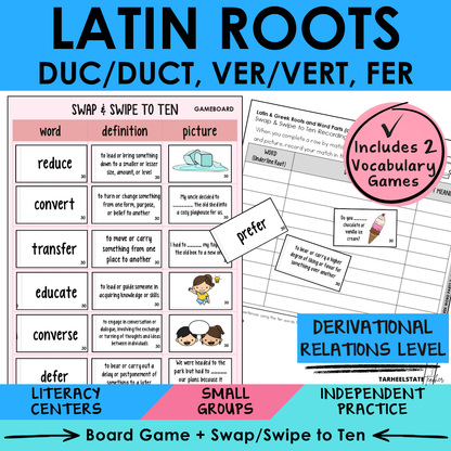 Morphology activities and spelling games for Latin roots DUC/DUCT, VER/VERT, and FER. Aligned to Derivational Relations stage in Words Their Way