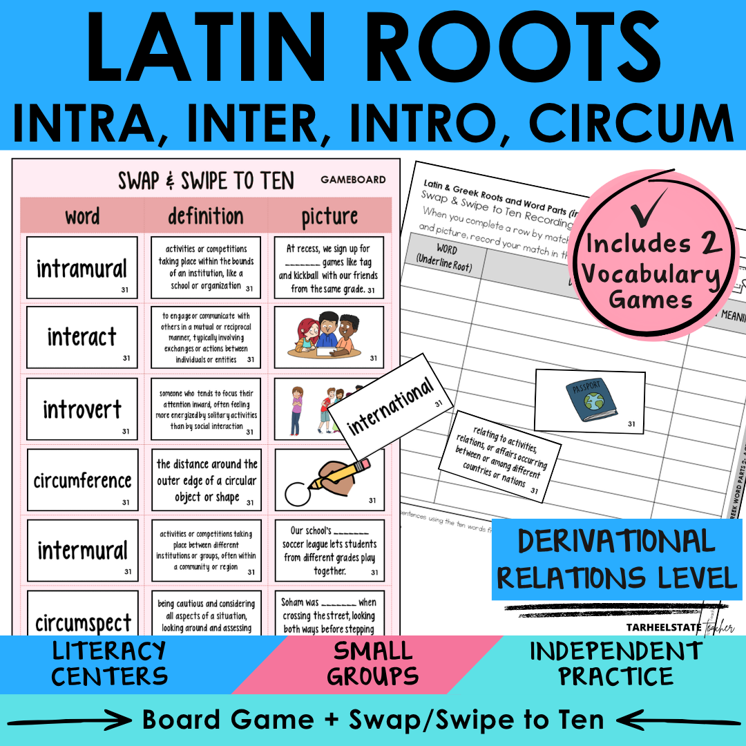 Morphology activities and spelling games for Latin roots INTRA, INTER, INTRO, and CIRCUM. Aligned to Derivational Relations stage in Words Their Way