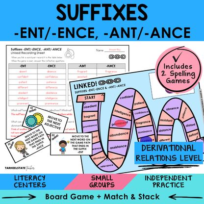 Educational materials for suffixes including a board game, cards, and a recording sheet 