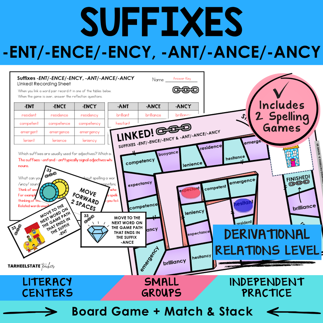 Educational materials for suffixes including a board game, cards, and a recording sheet 
