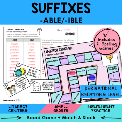 Educational materials for suffixes including a board game, cards, and a recording sheet 