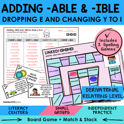 Educational materials for suffixes including a board game, cards, and a recording sheet 